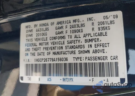 2009 Honda Accord 2.4 Ex from USA, damaged, VIN 1HGCP26779A156036